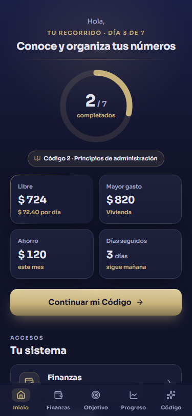 Pantalla de inicio con el avance del recorrido y tus números del mes (datos de ejemplo)