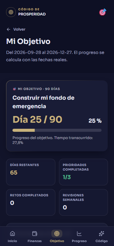 Mi Objetivo con un plan de 90 días, el día en que vas y tu avance (datos de ejemplo)