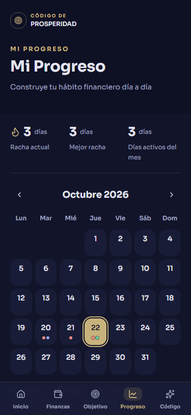Mi Progreso con el calendario del mes y los días seguidos (datos de ejemplo)
